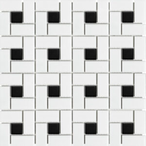 White matte with black dote pinwheel mosaics