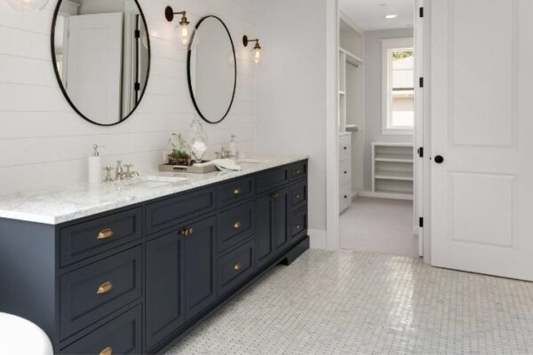 Image depicts a bathroom in a Brampton home with newly installed tiles.