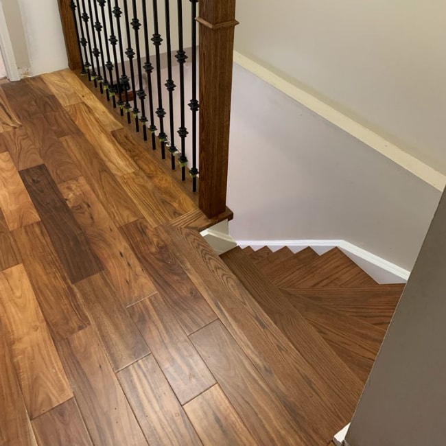 Image depicts new floors from an engineered hardwood flooring installation project in Brampton, Ontario.