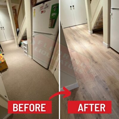 teplacing flooring in townhouse basement before after