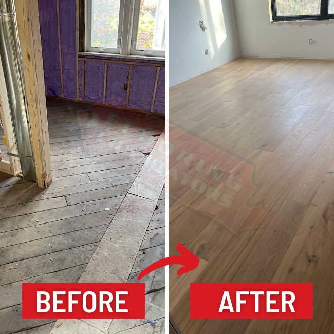 new house build with engineered hardwood before after